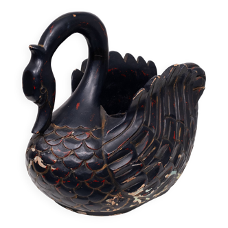 Mid Century Large Black Wooden Swan
