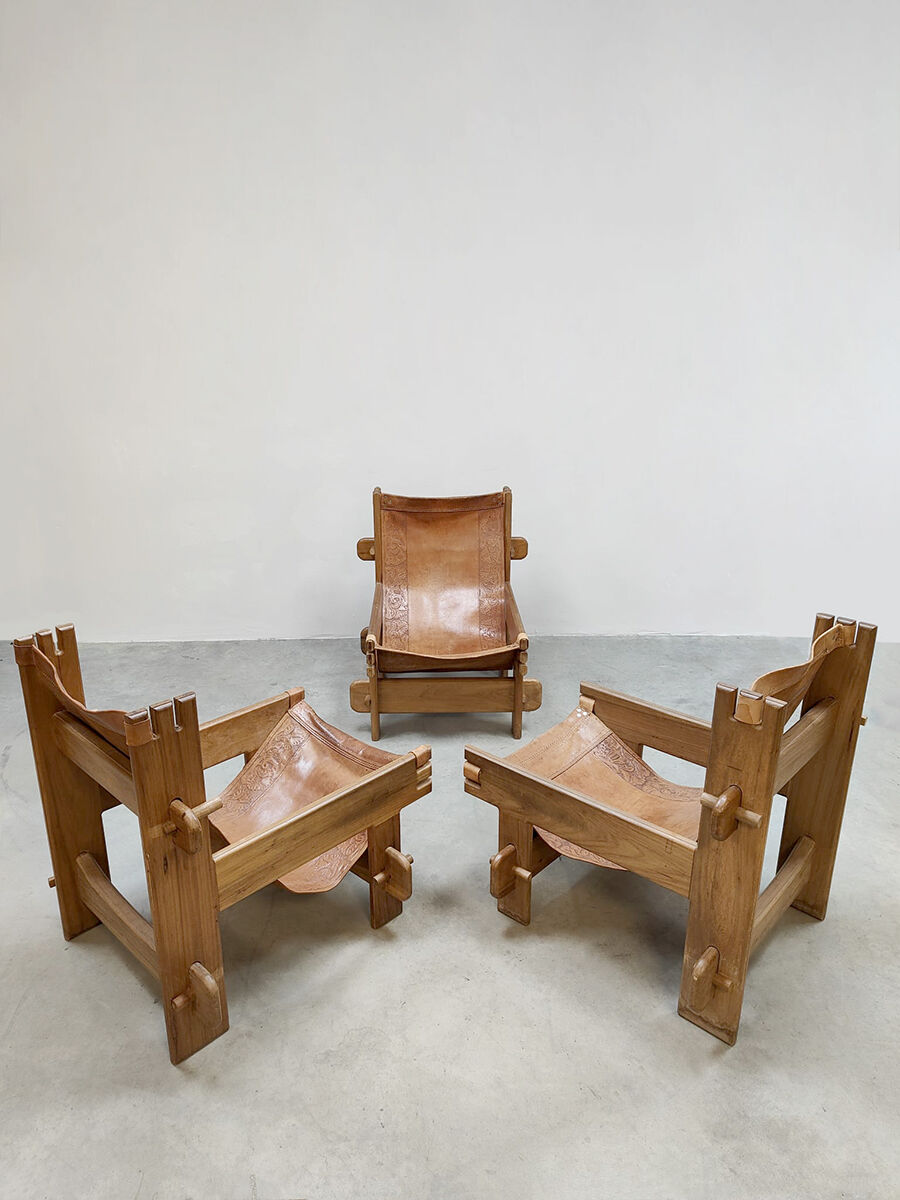 Vintage brutalist leather armchair 'Safari time'