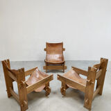 Vintage brutalist leather armchair 'Safari time'