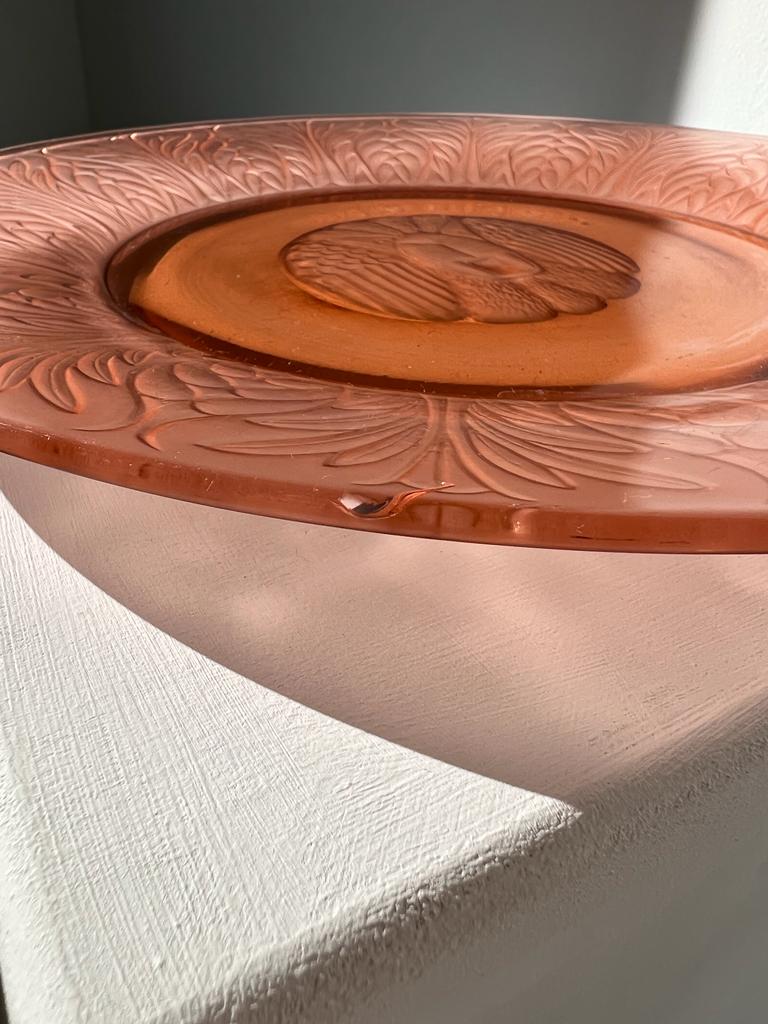 Molded pink glass dish art nouveau patterns D: 31.5cm