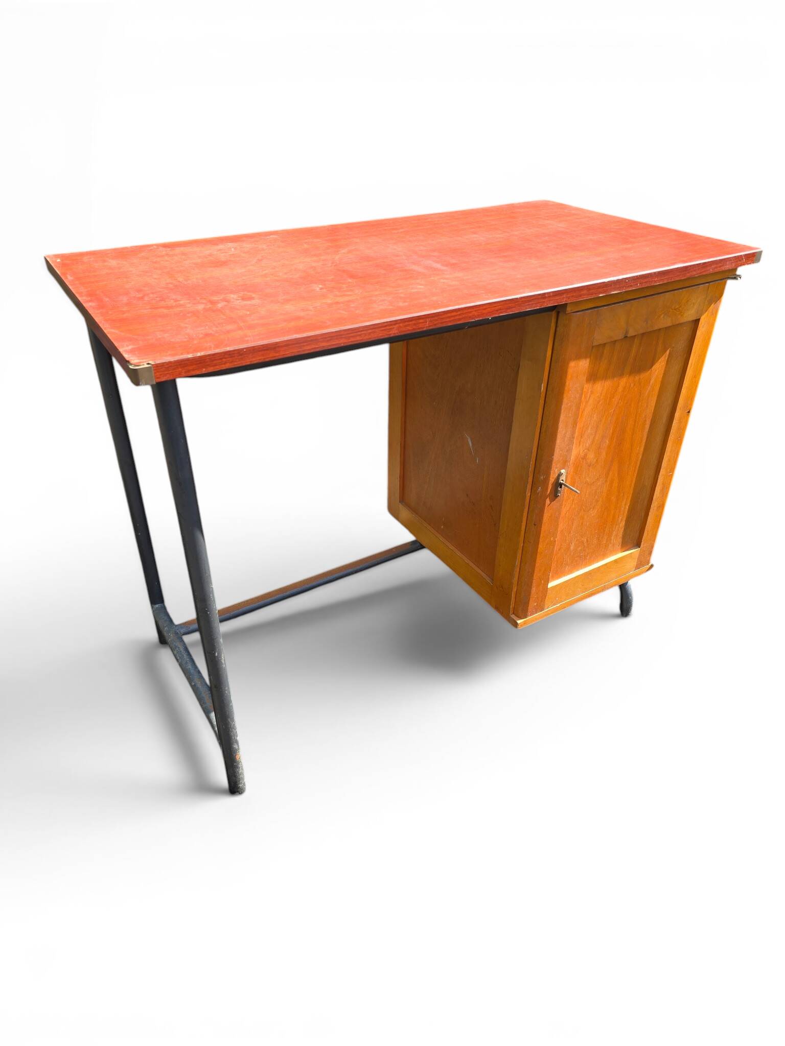 Vintage 1950s desk in red Formica, wood and metal.