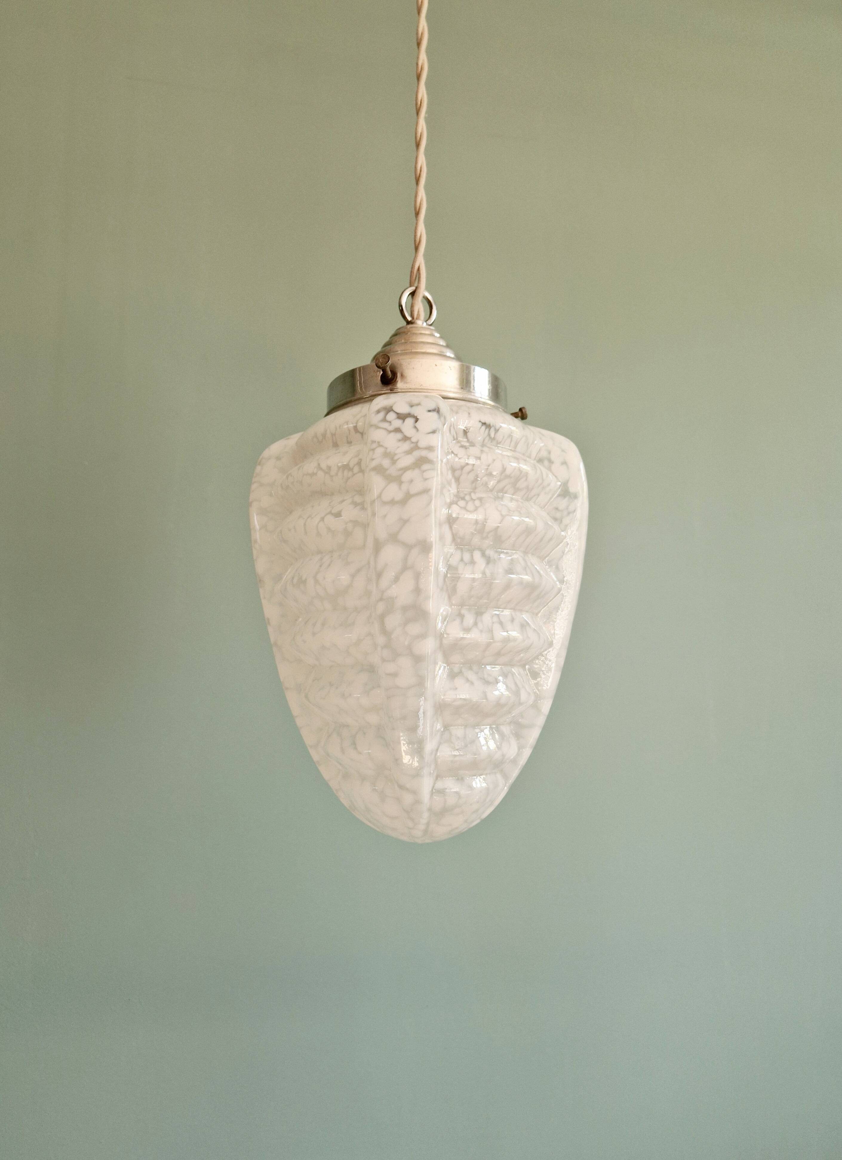 Art Deco pendant light in white speckled glass, 1920s-30s