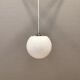 White hanging lamp with metal suspension, made with ball round opal glass shade.