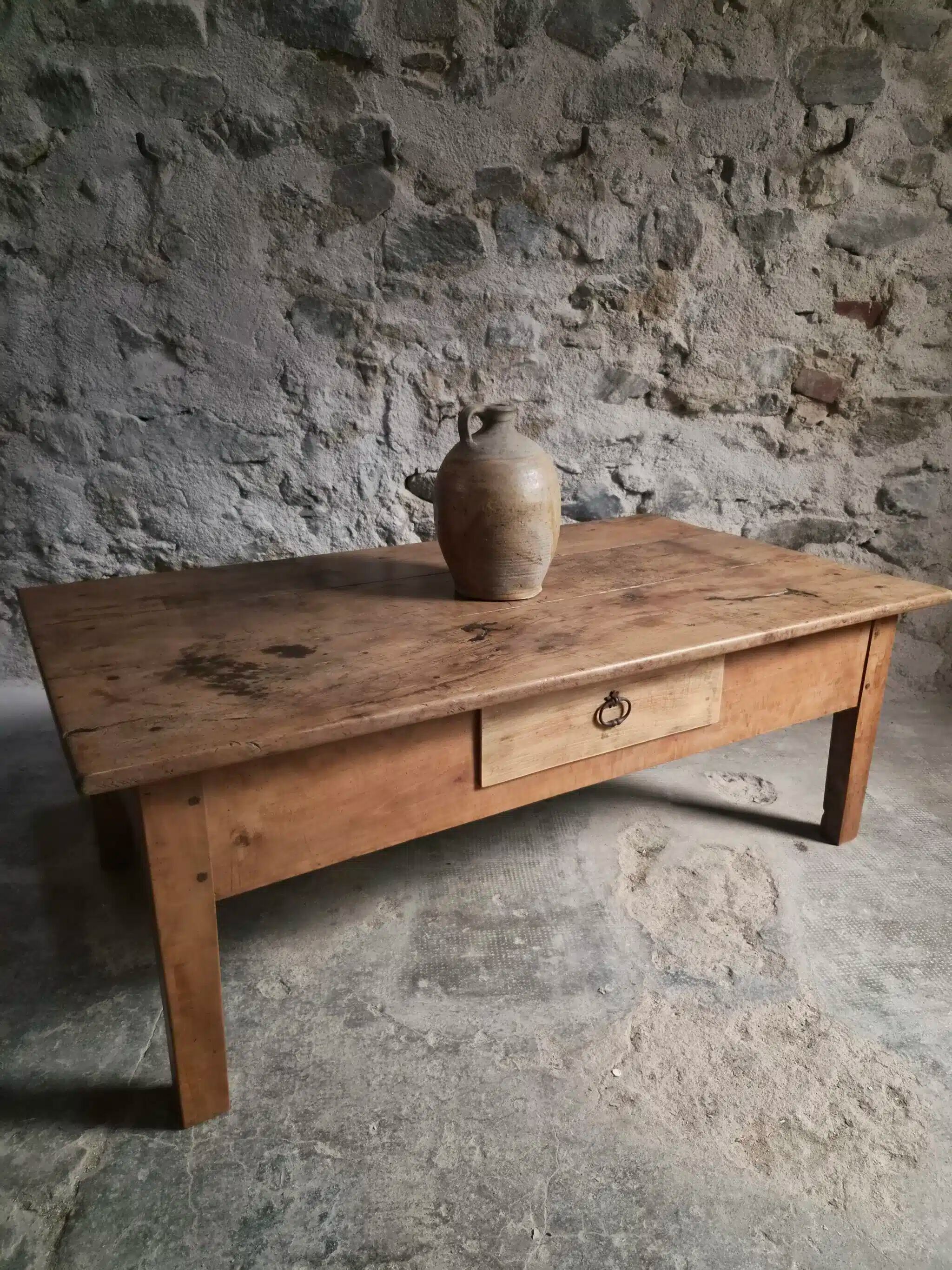 Antique cherry coffee table, rustic farmhouse table with drawer, circa 1750–1800.
