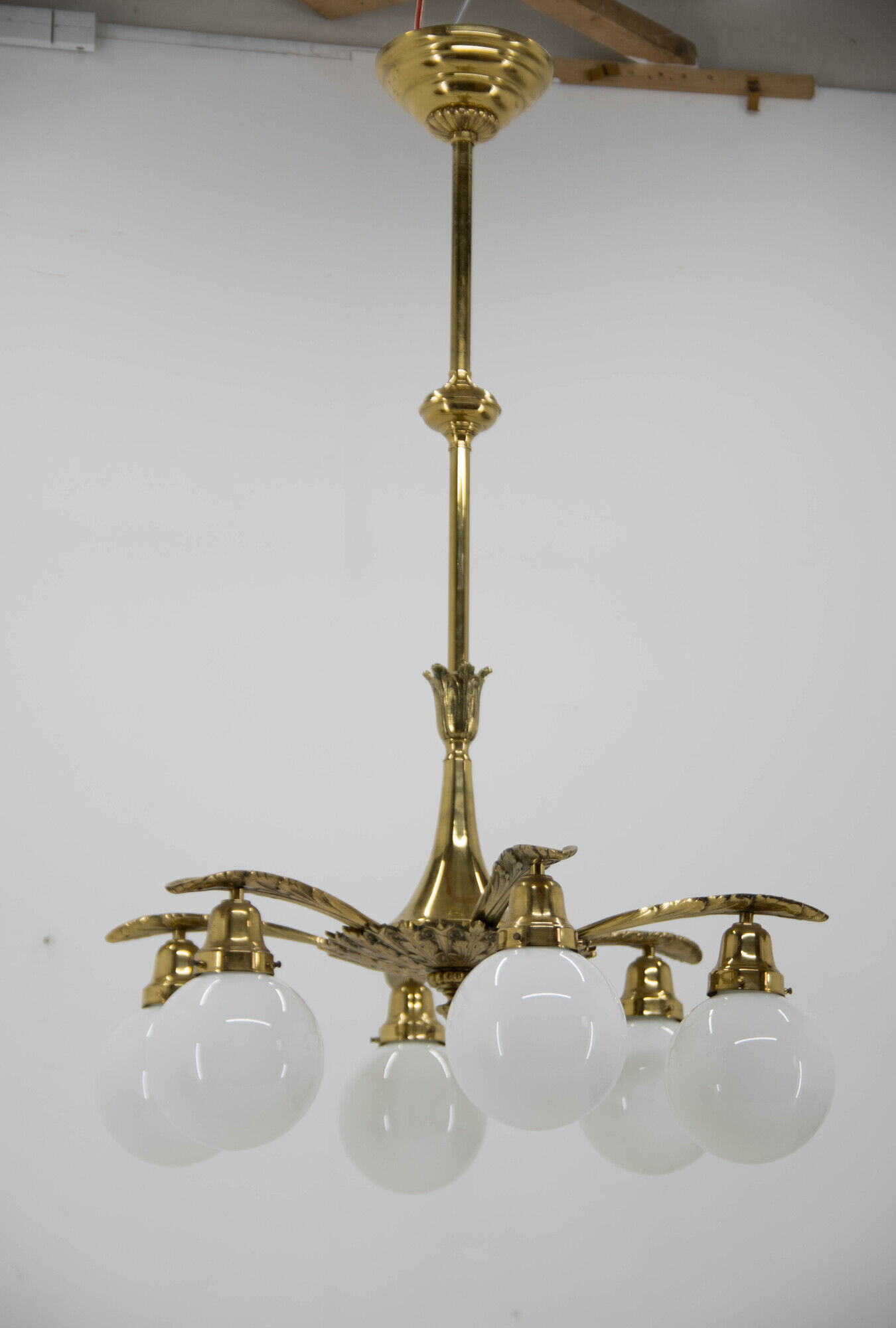 Art nouveau brass and glass chandelier