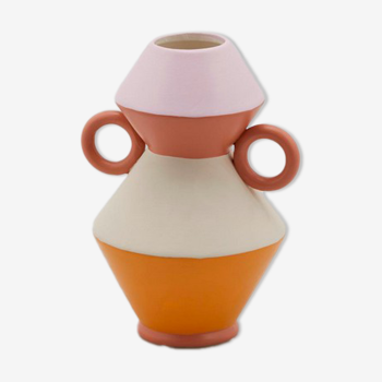 Vase en terre cuite rose, écru, orange 21cm