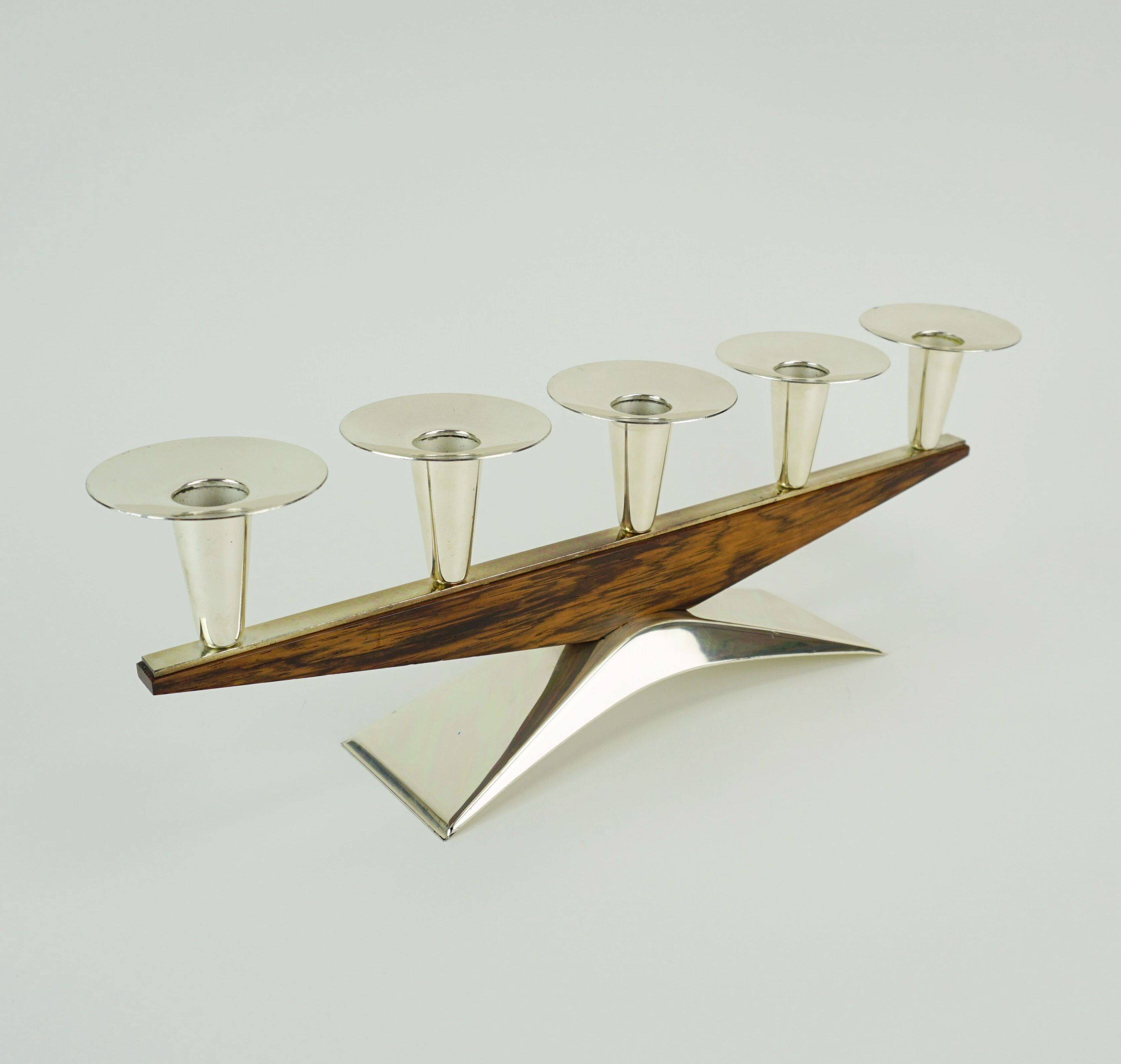 mid century modern CANDLE HOLDER silver-colored metal and wood 1950s 1960s