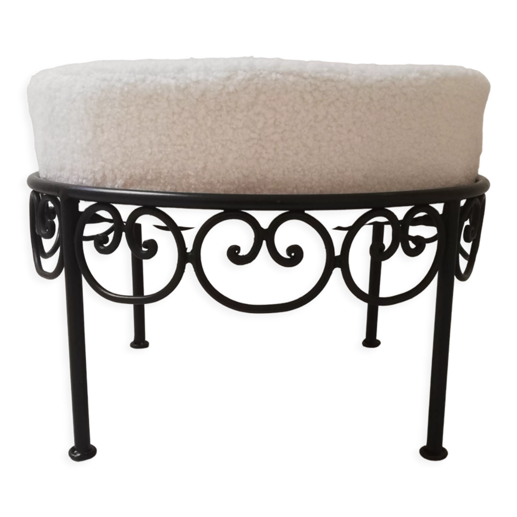 Wrought iron pouf and cushion in unbleached buckle fabric | Selency