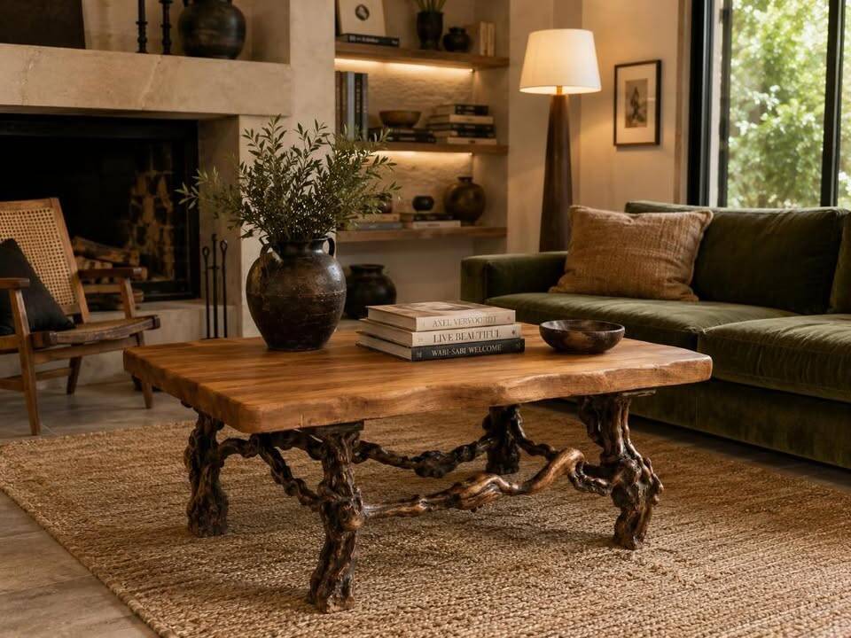 Solid wood coffee table - oak + vine roots