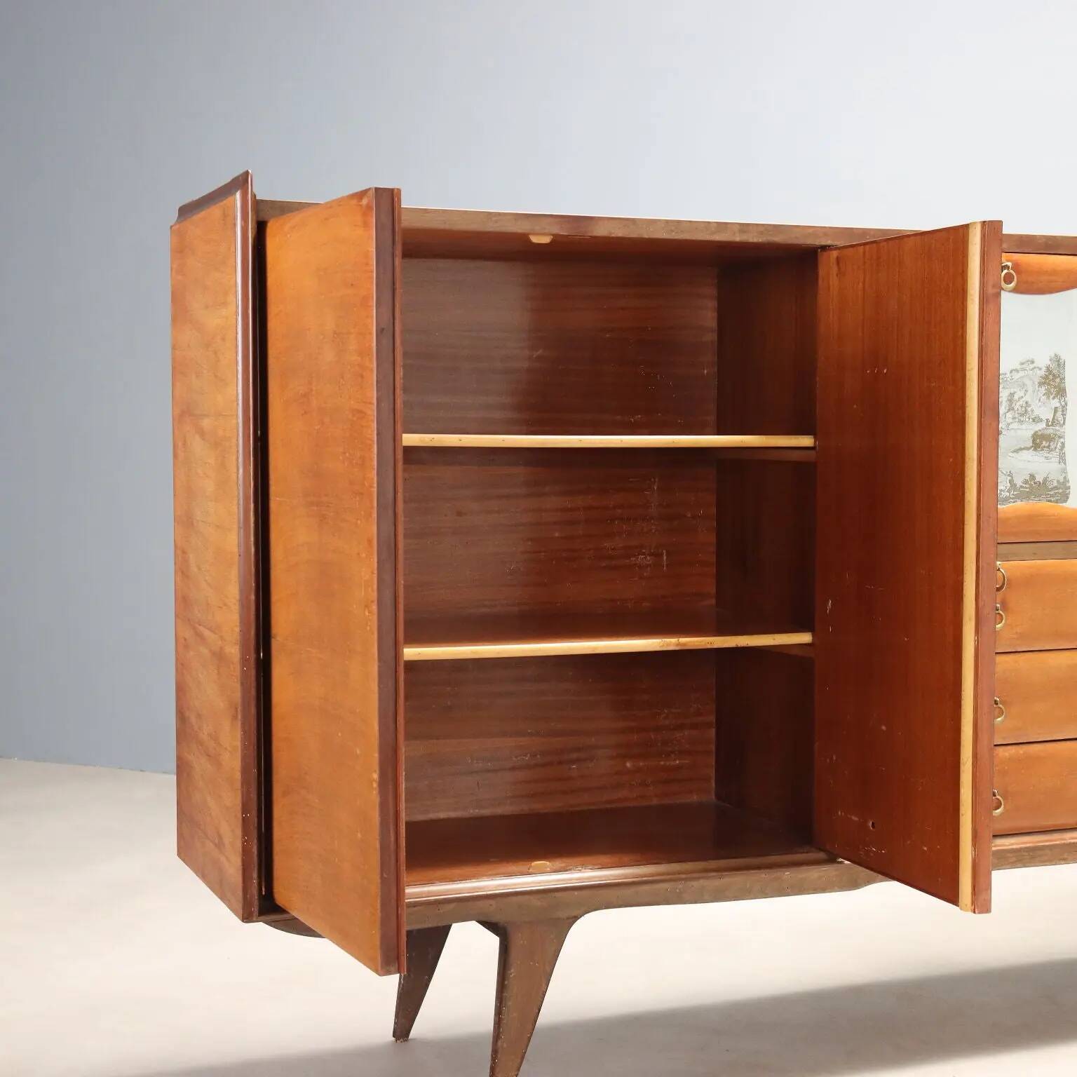 Vintage mahogany sideboard with bar compartment, 1950s-60s design.