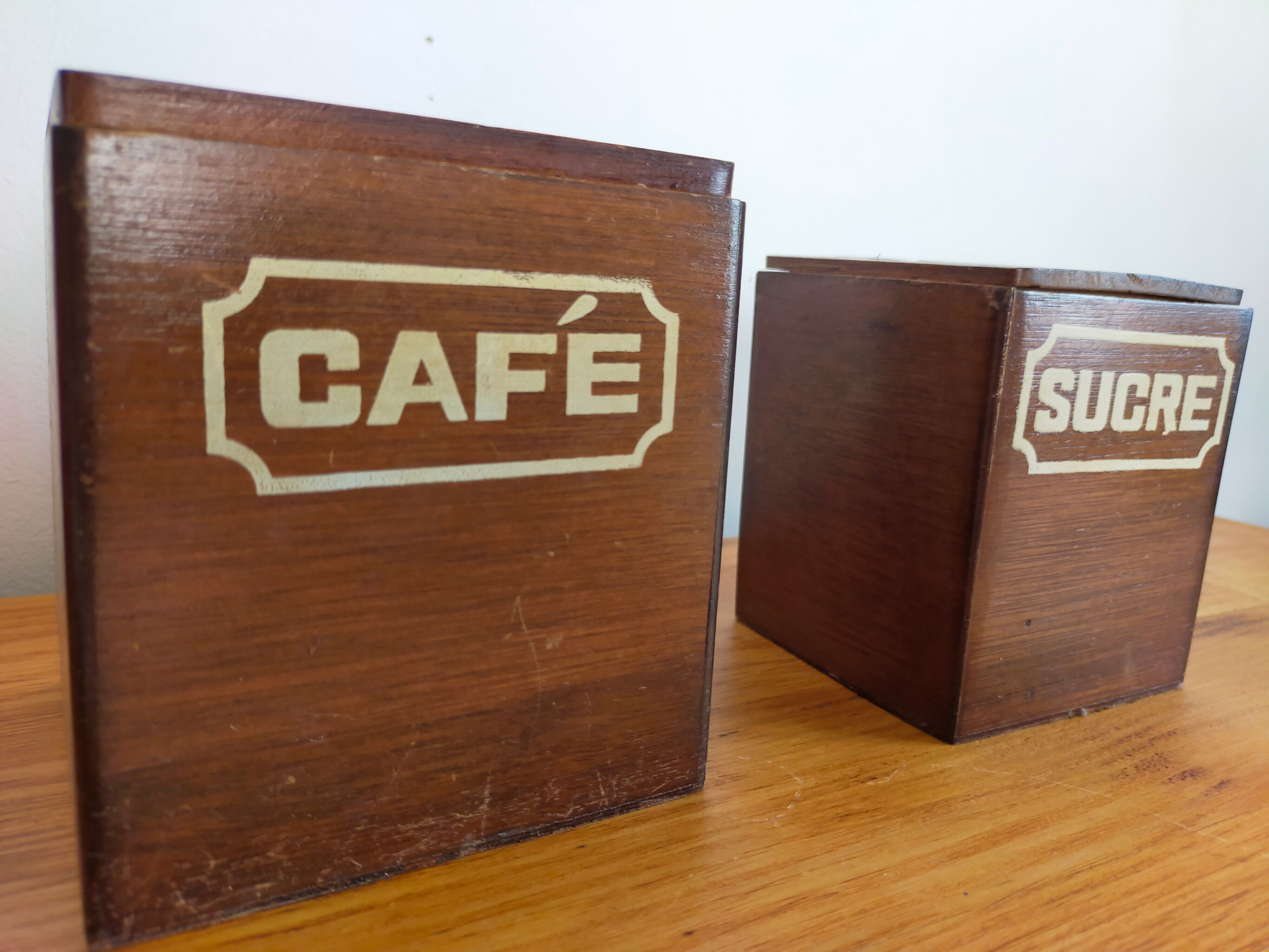 Vintage wooden spice boxes old coffee sugar