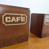 Vintage wooden spice boxes old coffee sugar