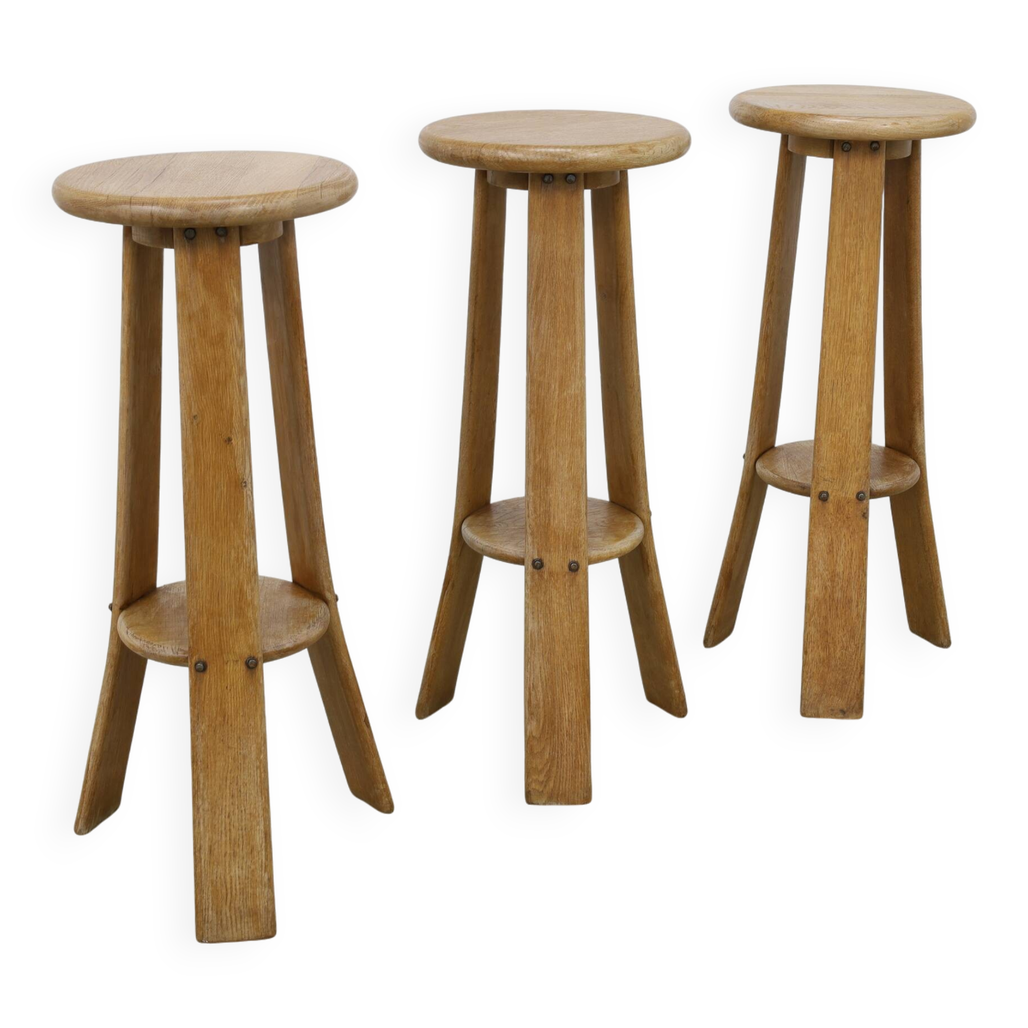 3x Barstools in solid Oak Brutalist, 1970s