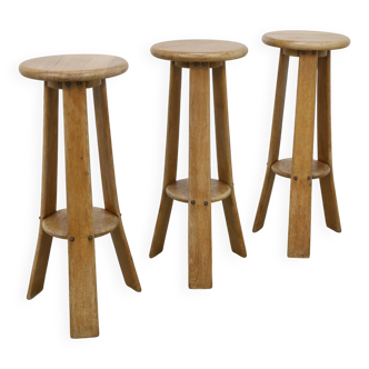 3x Barstools in solid Oak Brutalist, 1970s