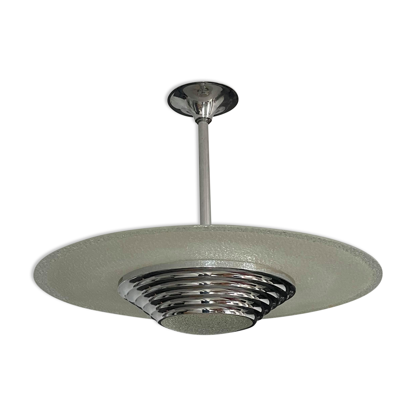 Modernist art deco pendant lamp, chrome brass and glass, France 1930 vintage