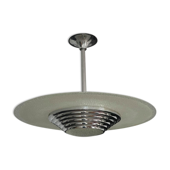 Modernist art deco pendant lamp, chrome brass and glass, France 1930 vintage