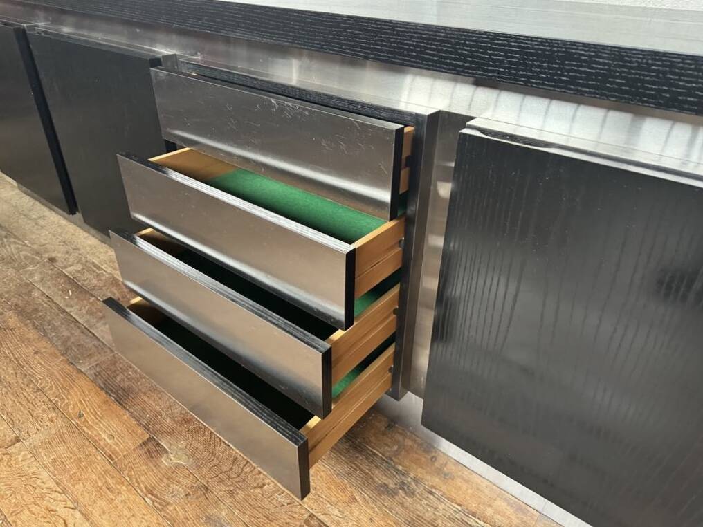 Vintage wooden and aluminum sideboard designed by the 1970s with 3 doors and 4 drawers