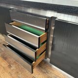 Vintage wooden and aluminum sideboard designed by the 1970s with 3 doors and 4 drawers