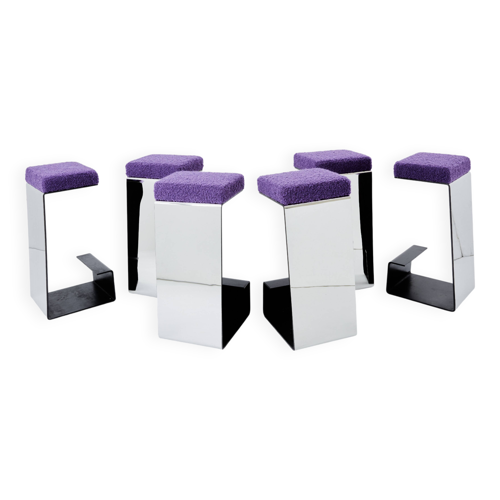 Set of 6 wrought iron bar stools polished steel curly wool 1970