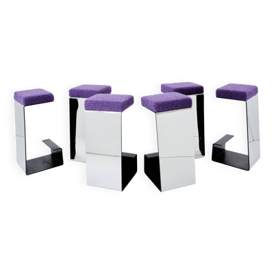 Set de 6 tabourets de bar fer forgé acier poli laine bouclé 1970
