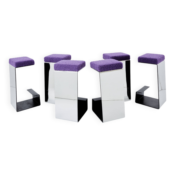 Set de 6 tabourets de bar fer forgé acier poli laine bouclé 1970