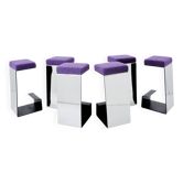 Set de 6 tabourets de bar fer forgé acier poli laine bouclé 1970