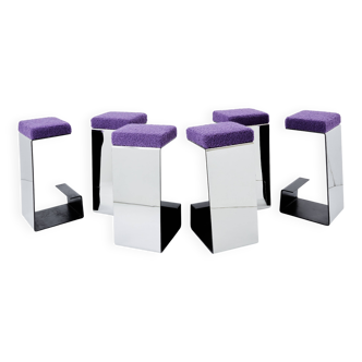 Set de 6 tabourets de bar fer forgé acier poli laine bouclé 1970