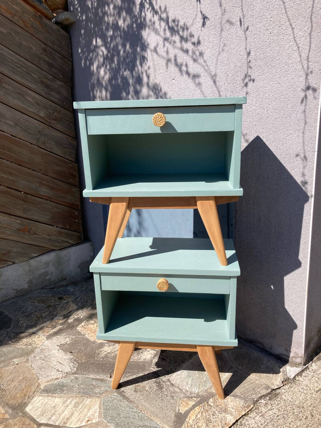 Pair of vintage bedside tables with compass feet/green