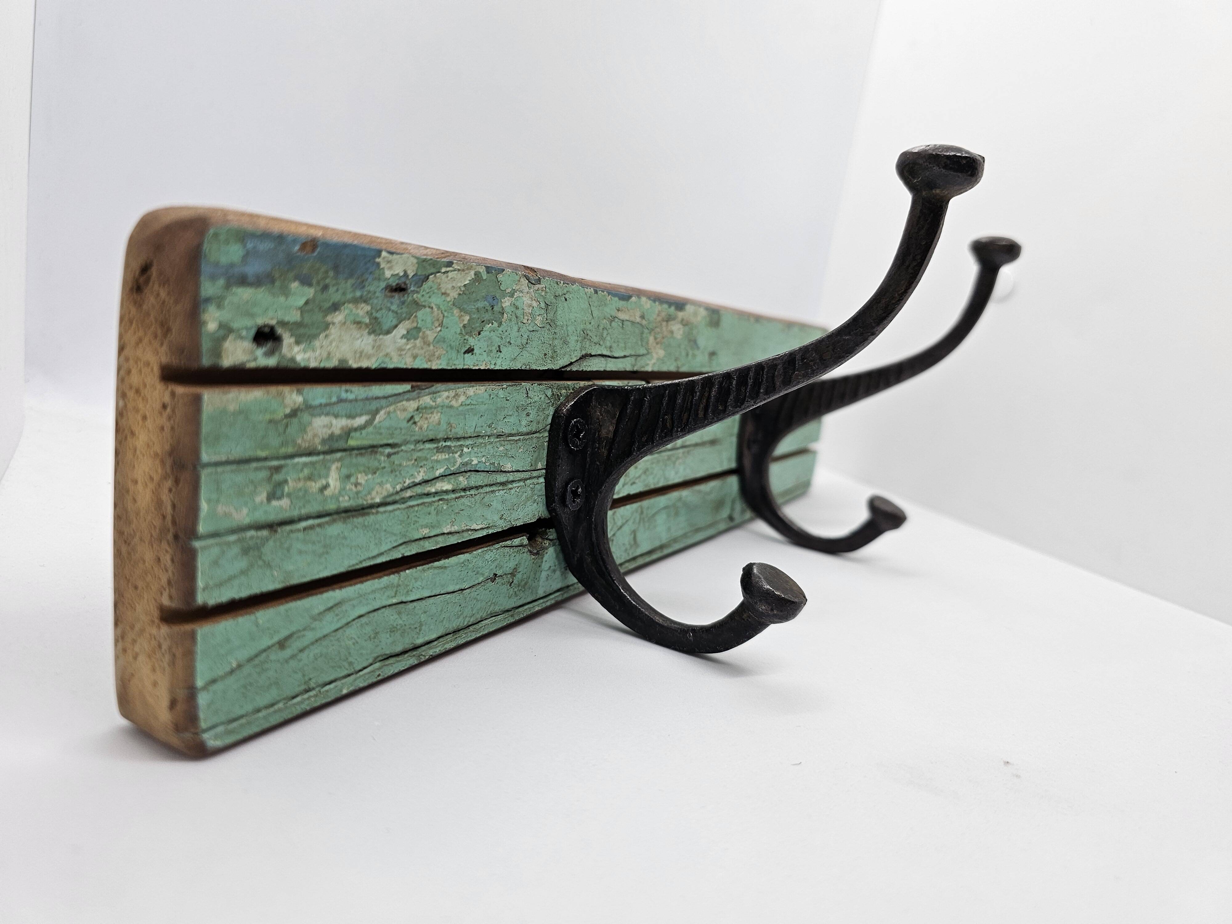 Solid teak coat hook with 2 double cast iron hooks