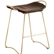 Brown stool pair without backrest with brass details.