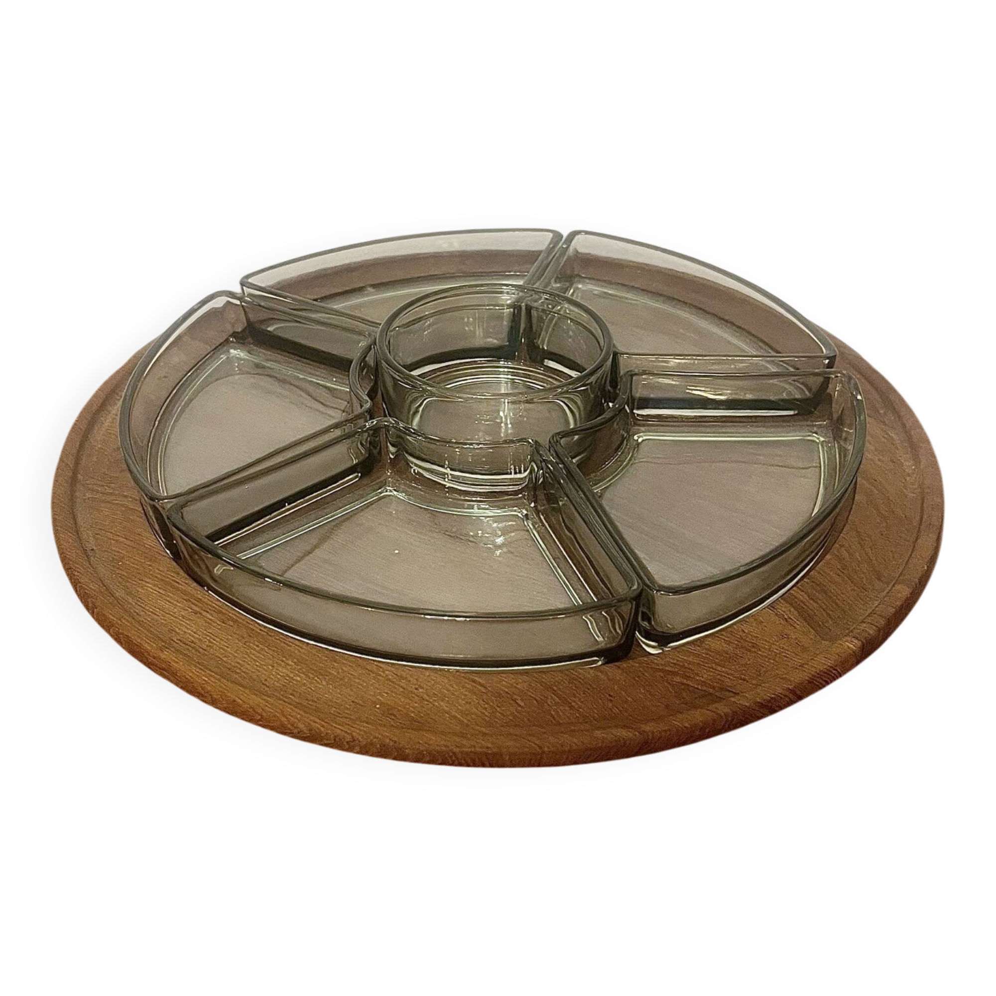Digsmed vintage teak plateau – rotating Lazy Susan with 6 ramekins – of