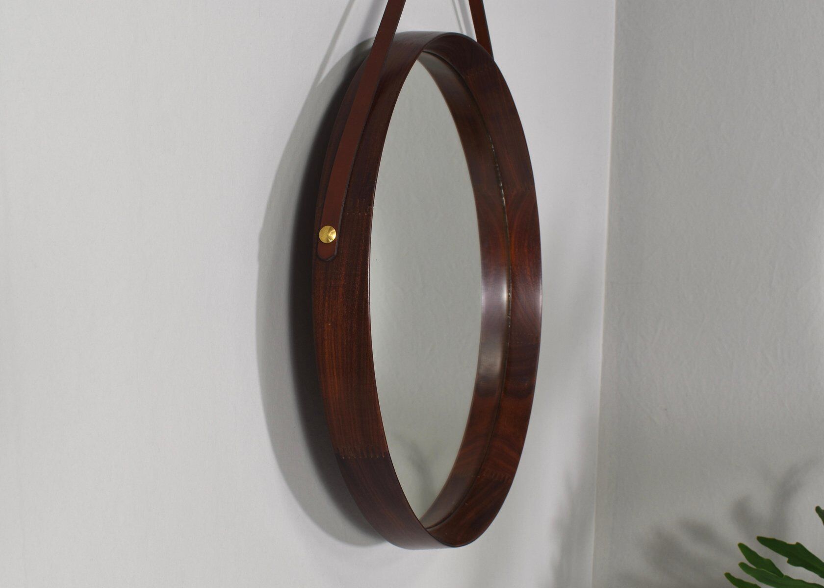 Italian round wall mirror in solid teak leather and brass 1950 68x53cm