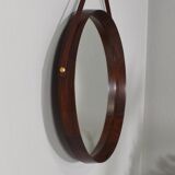 Miroir mural rond italien en teck massif cuir et laiton 1950 68x53cm