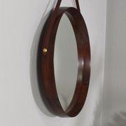 Italian round wall mirror in solid teak leather and brass 1950 68x53cm