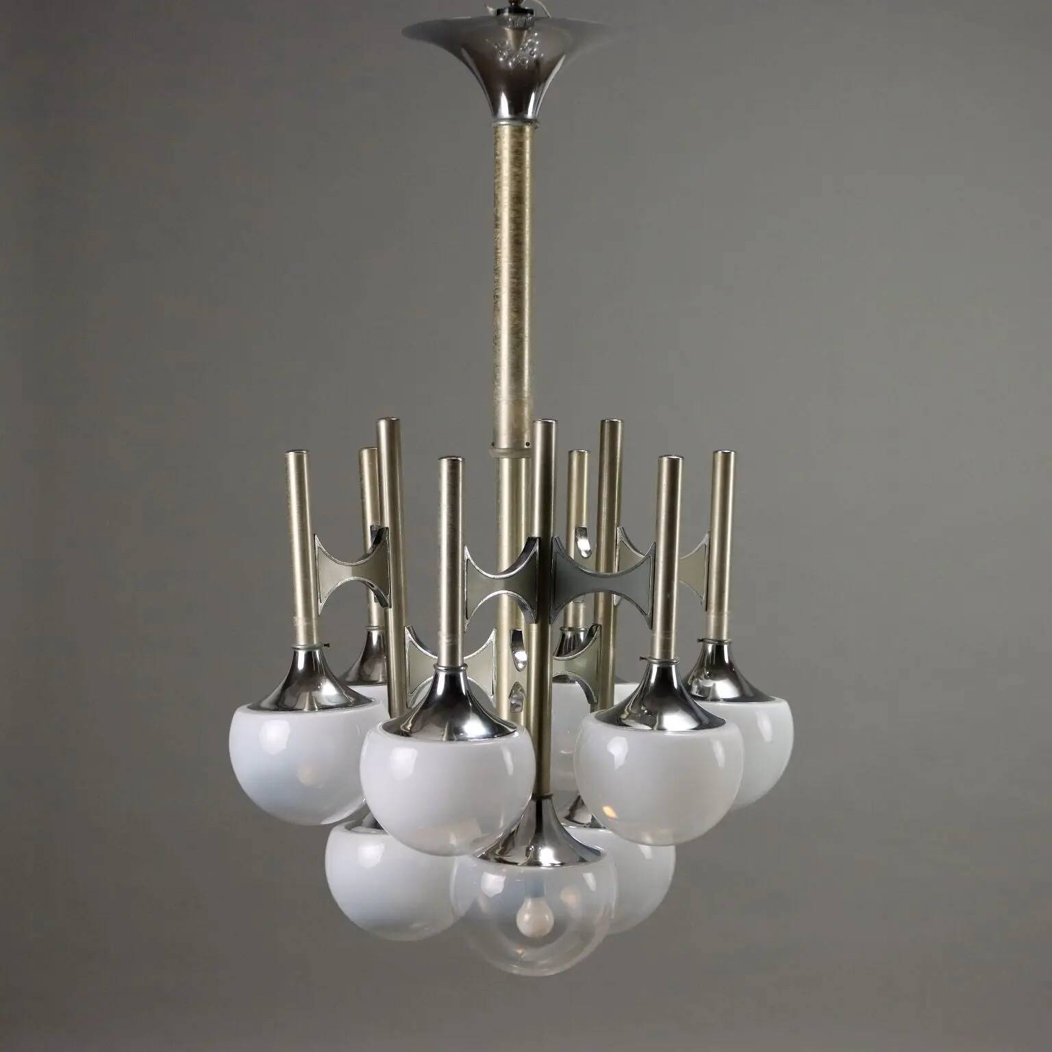 Vintage lacquered steel chandelier with glass spheres, Italy, 1960s-1970s.