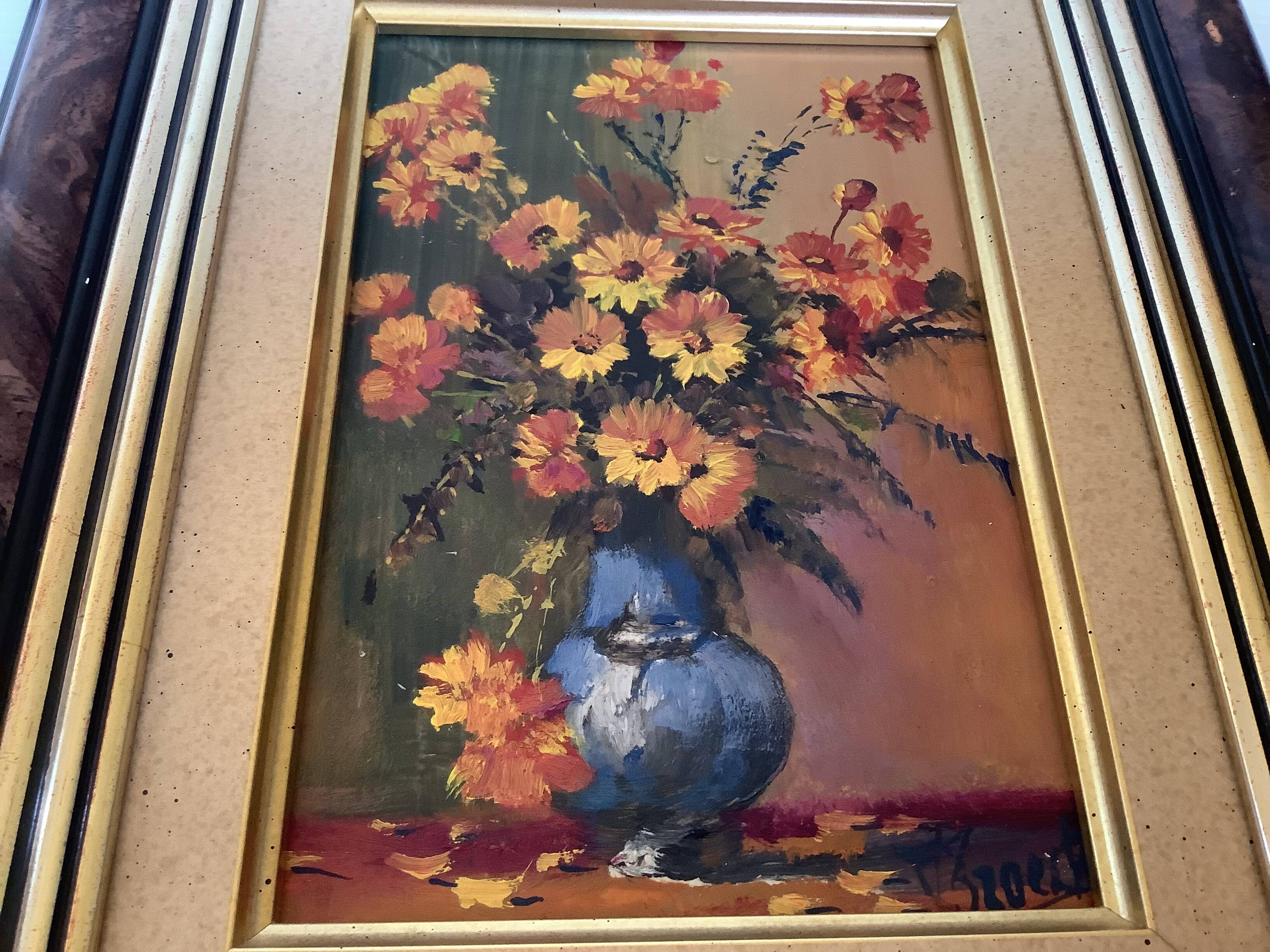 Petit tableau bouquet de fleurs huile sur panneau signée