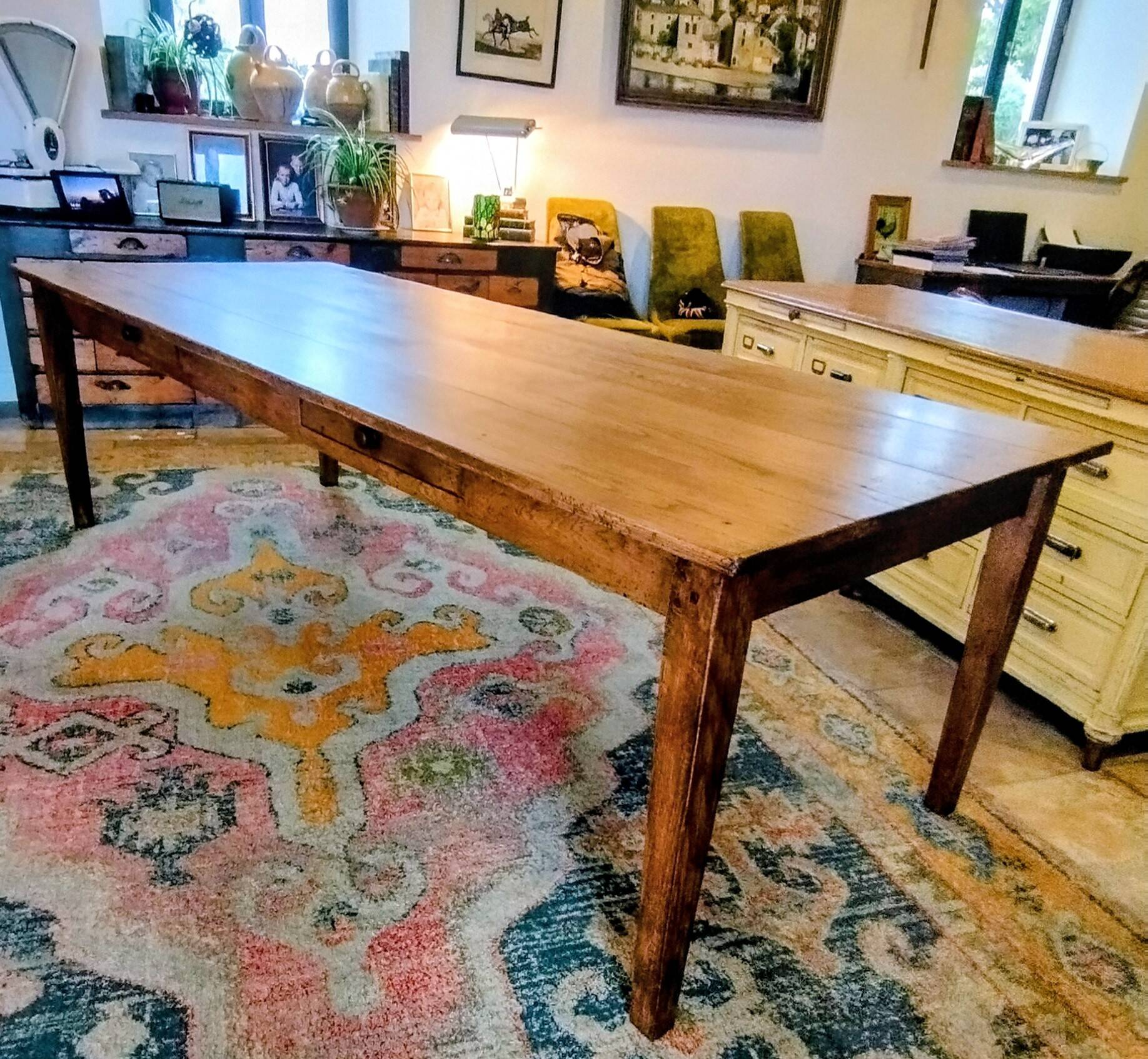 XXL solid oak farmhouse table 260x100 patinated two drawers