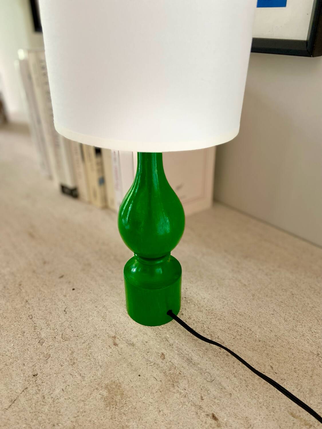 Pair of Philippe Capelle green turned wood bedside lamps - 1970.