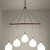 Opaline and Teak Chandelier by Uno and Östen Kristiansson for Luxus