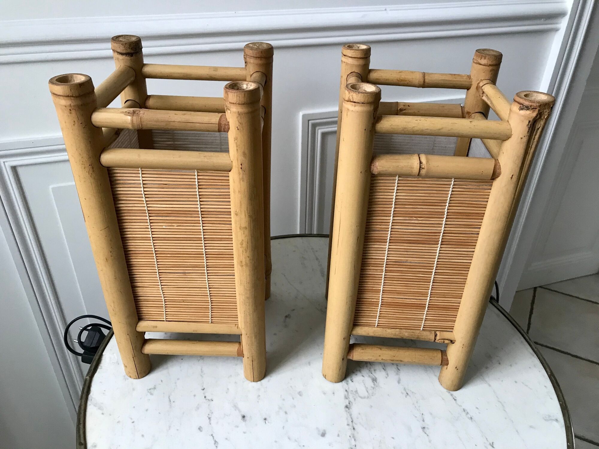 Pair of bedside lamps in rattan bamboo 70s