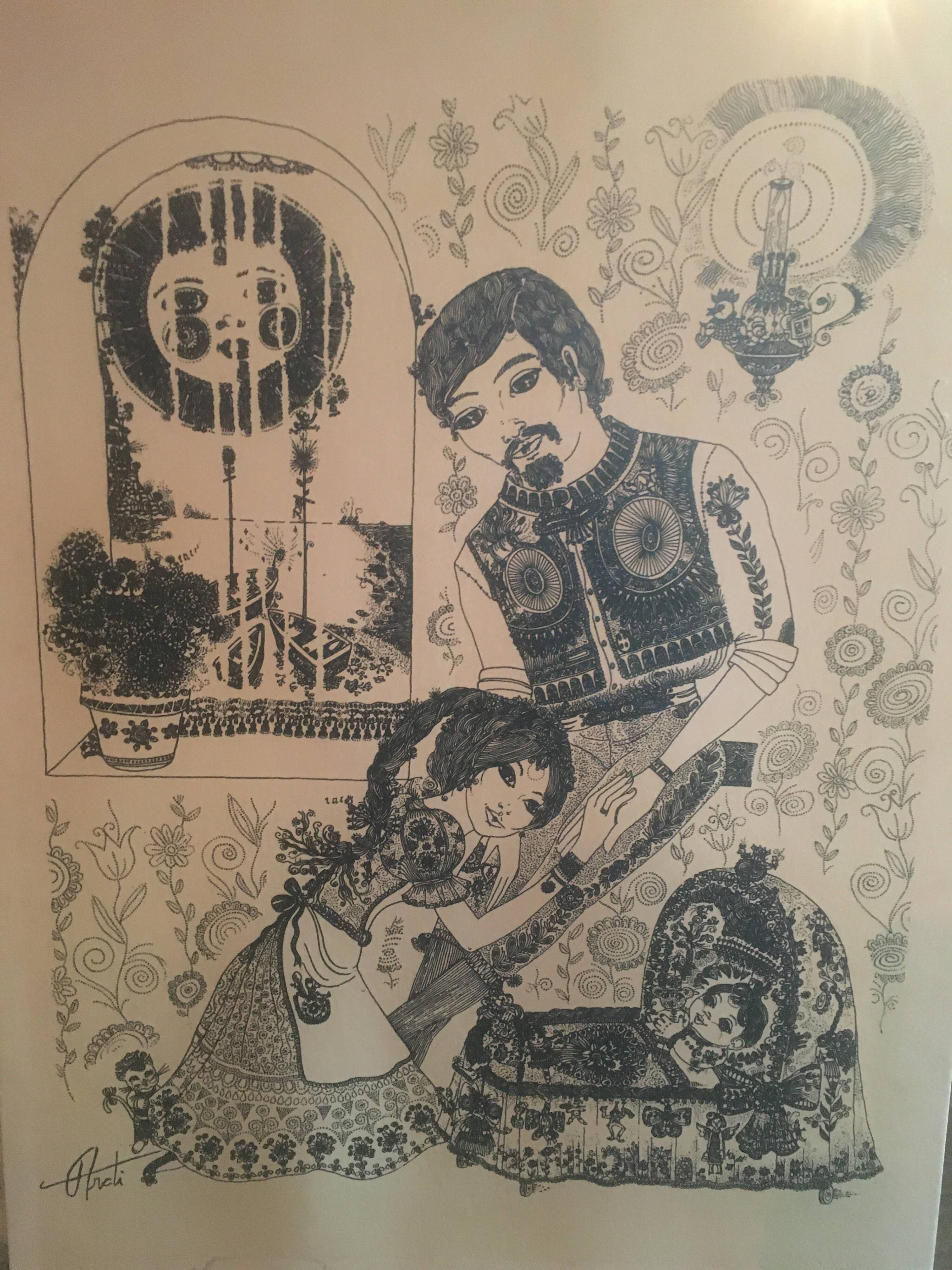 Illustration/signed paper print, framed, 60s/70s
