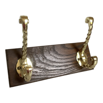 Coat rack twisted gold metal thick wood