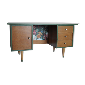 Bureau restauré années 60/70 vert foret et fleurs ancienne