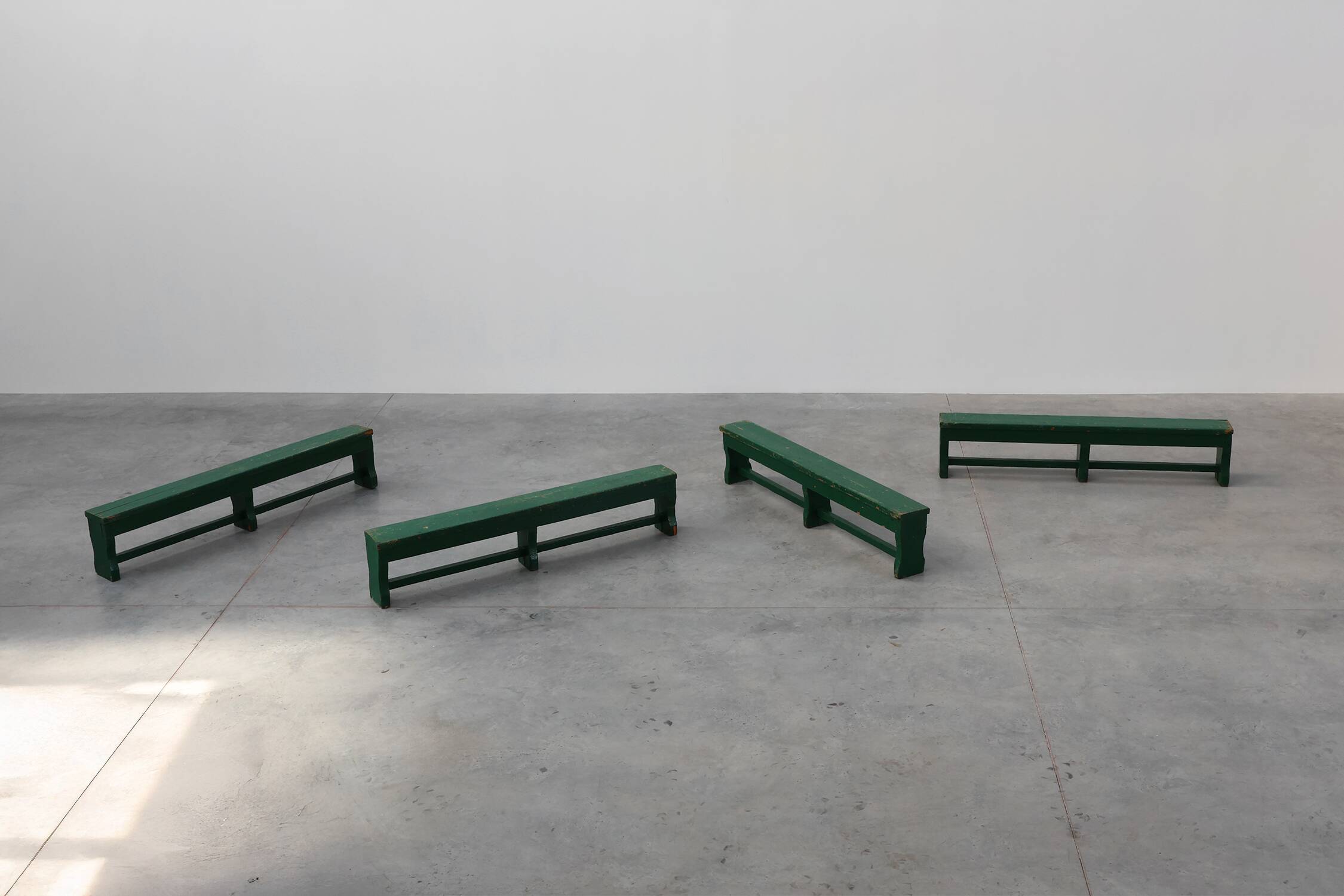 Rustic primitive green farmhouse bench in solid oak, France ca. 1900