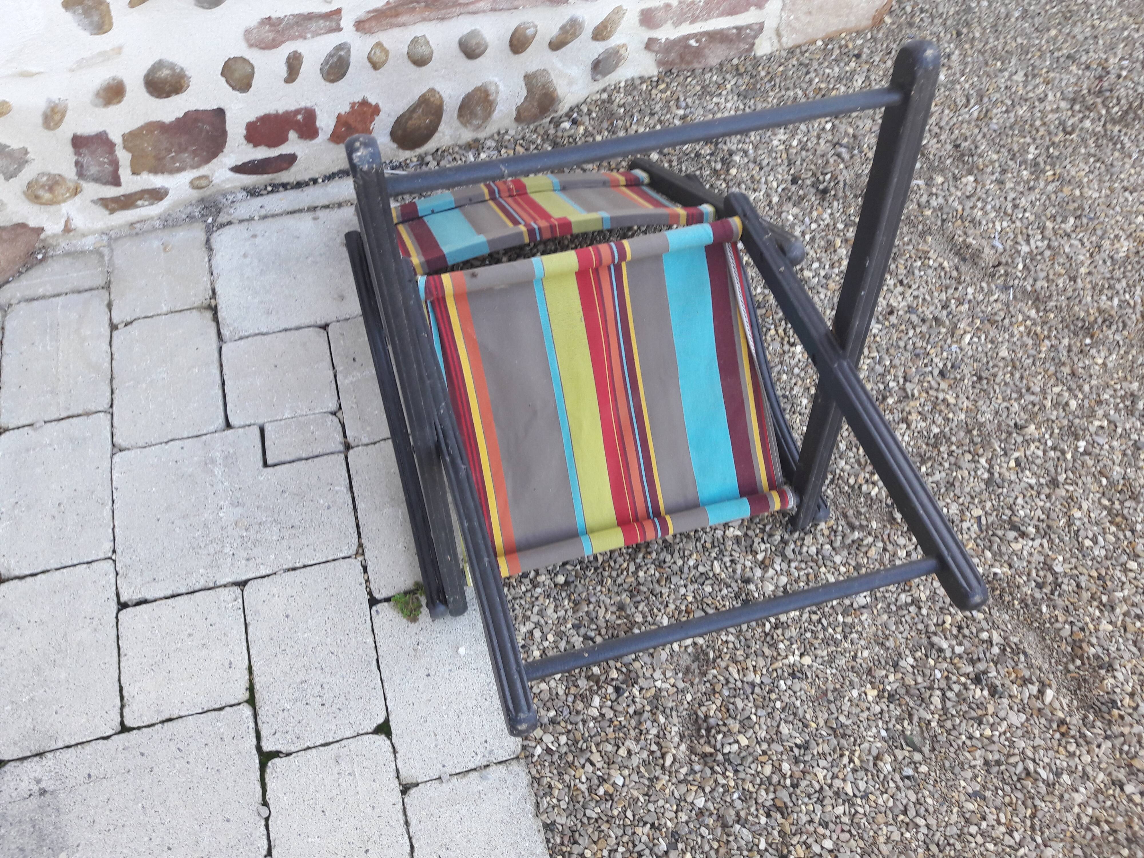 Duo of wood and canvas folding armchairs