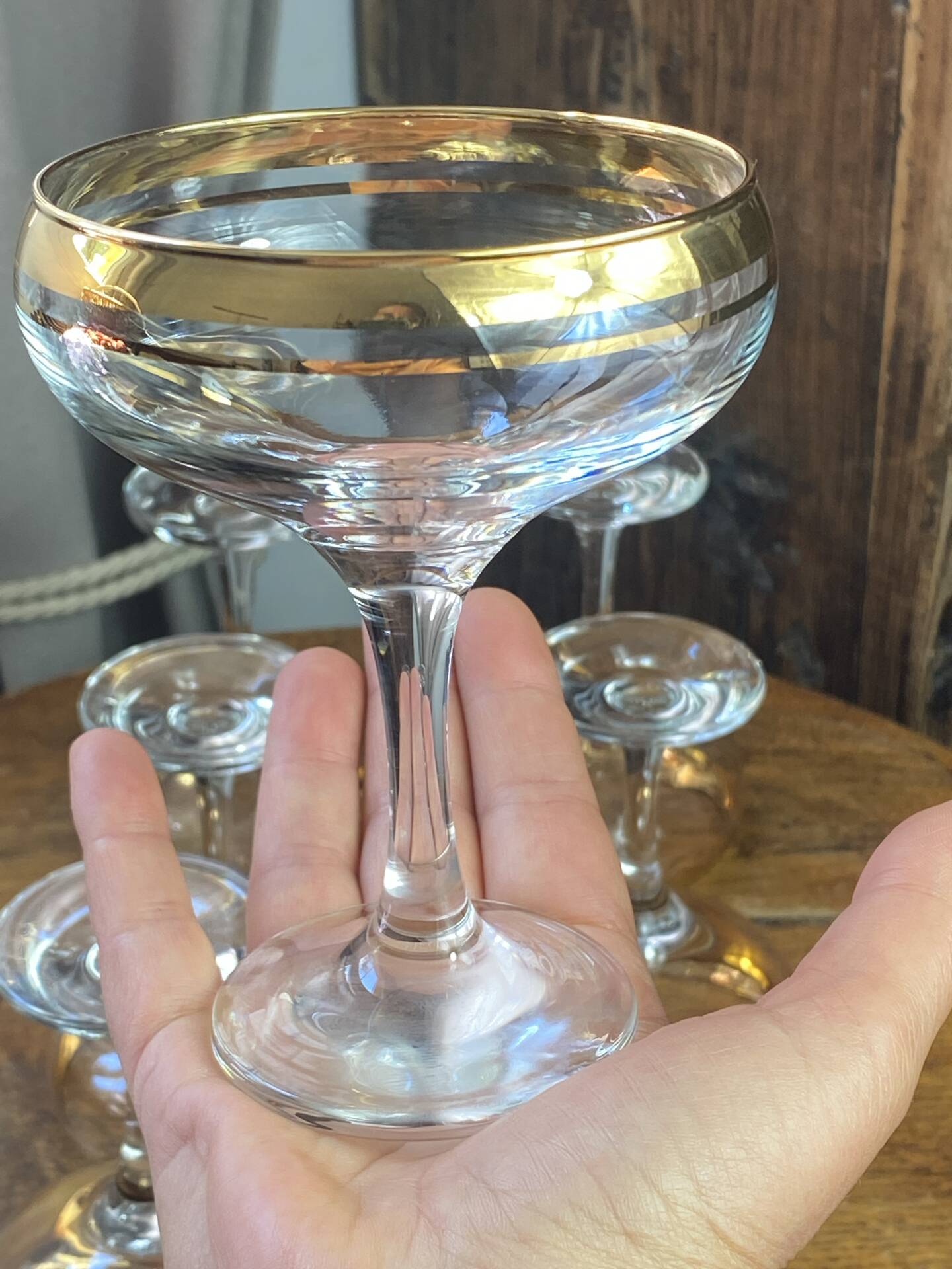 Champagne coupes or cocktail glasses with gilding