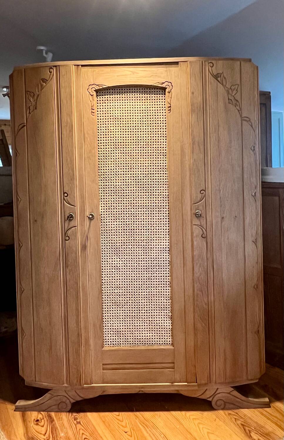 Antique solid oak wardrobe with caning.
