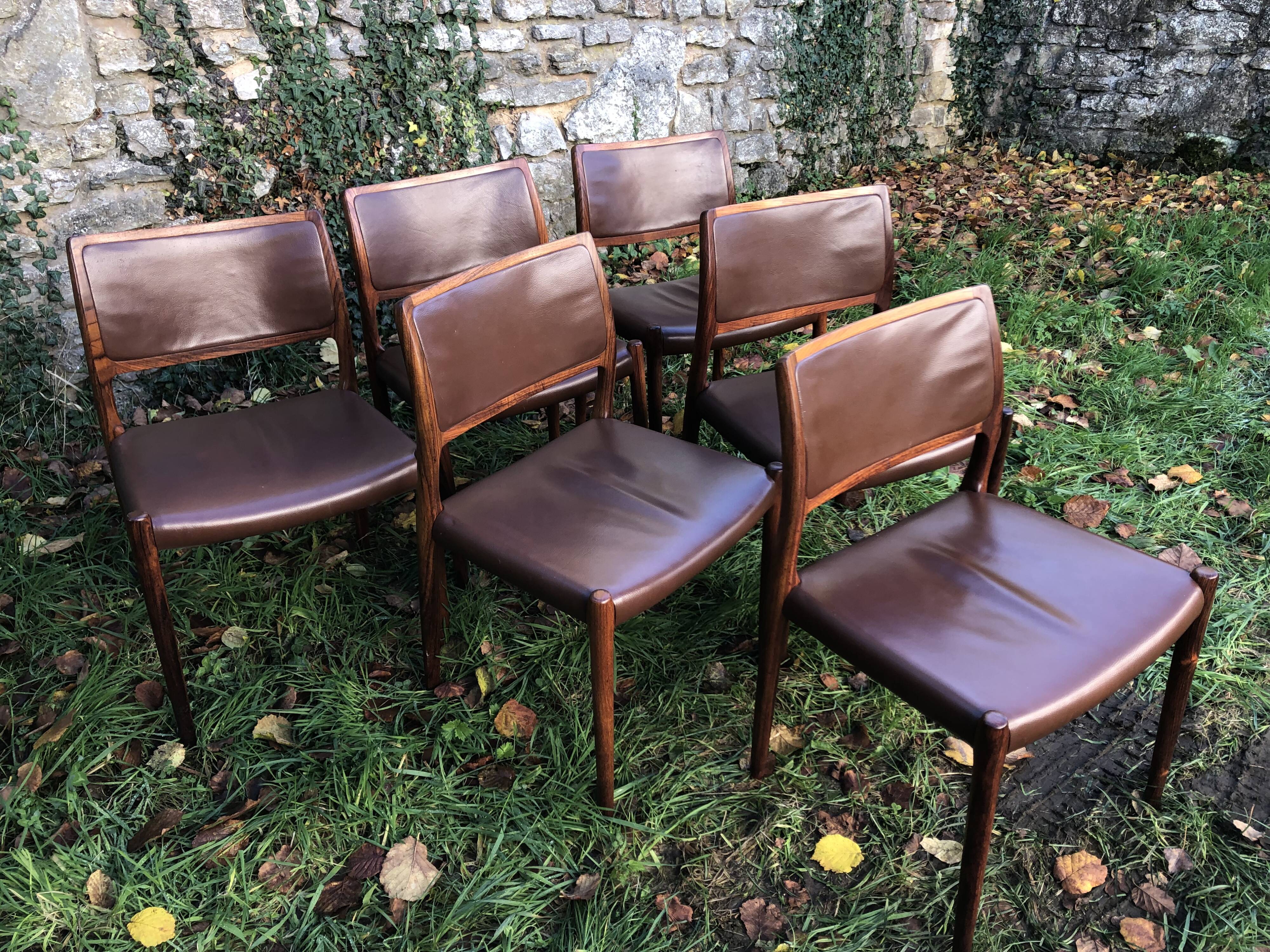 Chairs Niels Otto Møller model 80 brown leather and rosewood 60s