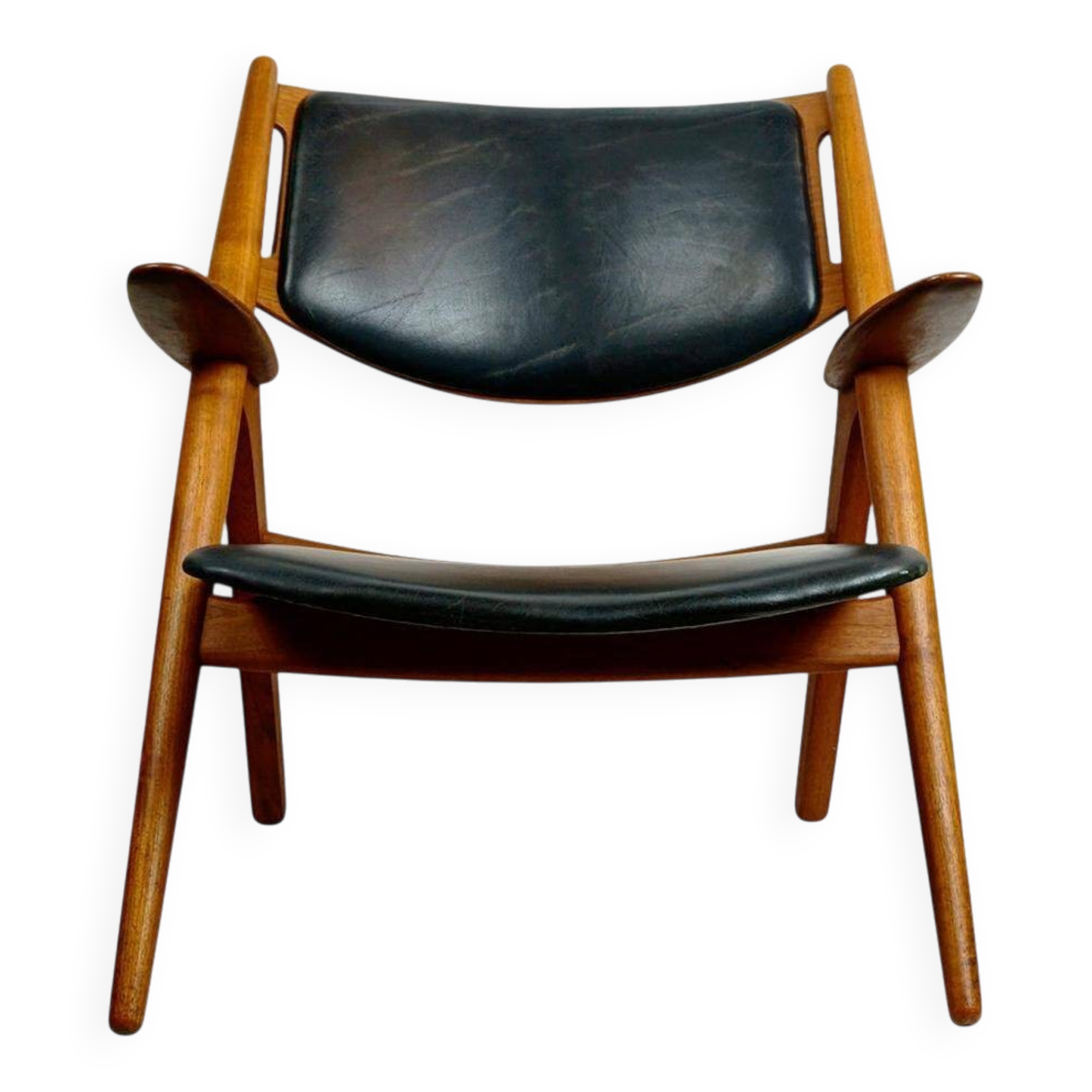 Chaise Lounge CH28 in Teak and Black Leather by Hans Wegner for Carl Hansen