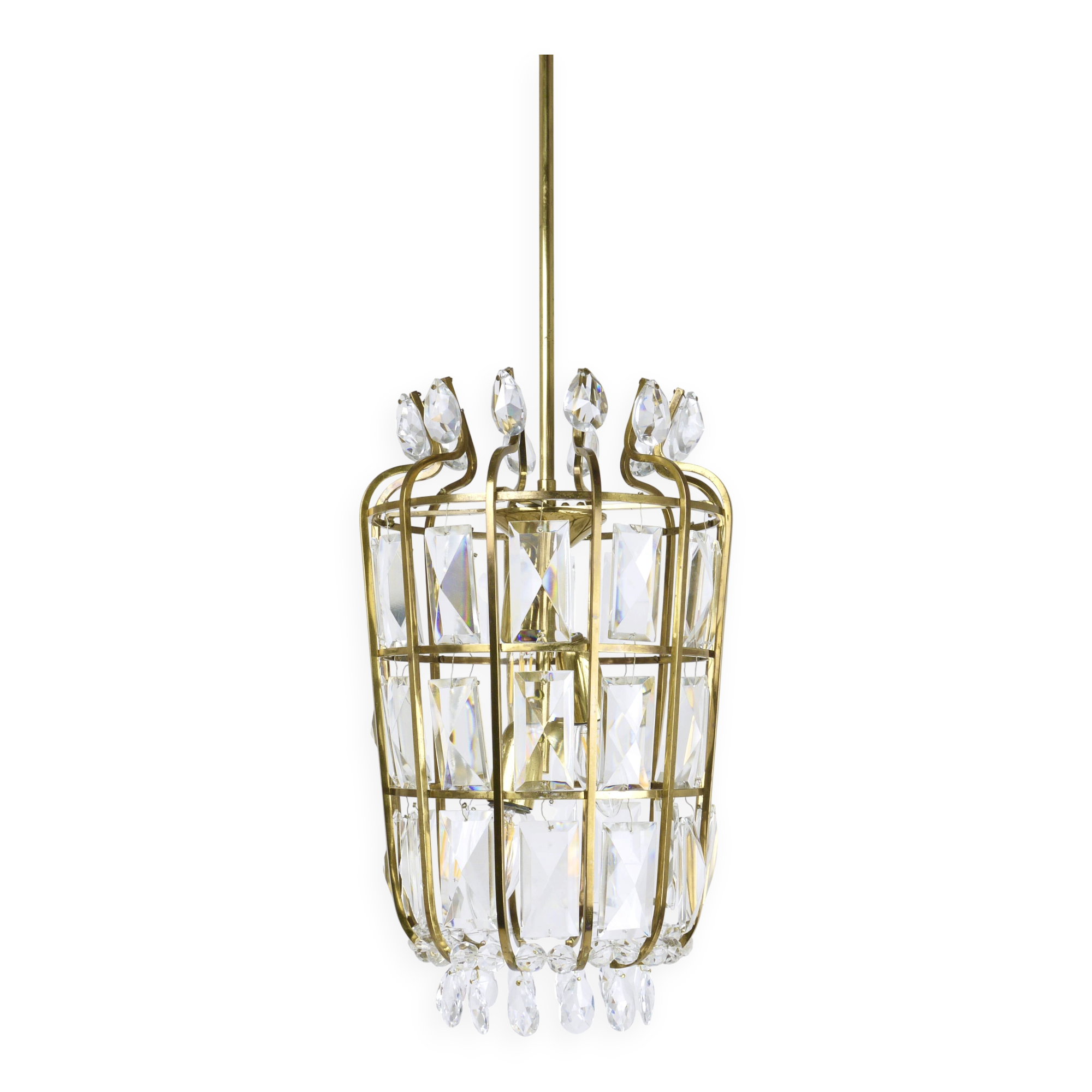 Bakalowits Vienna Brass & Crystal Chandelier Lantern Pendant Lamp, Austria, 1950